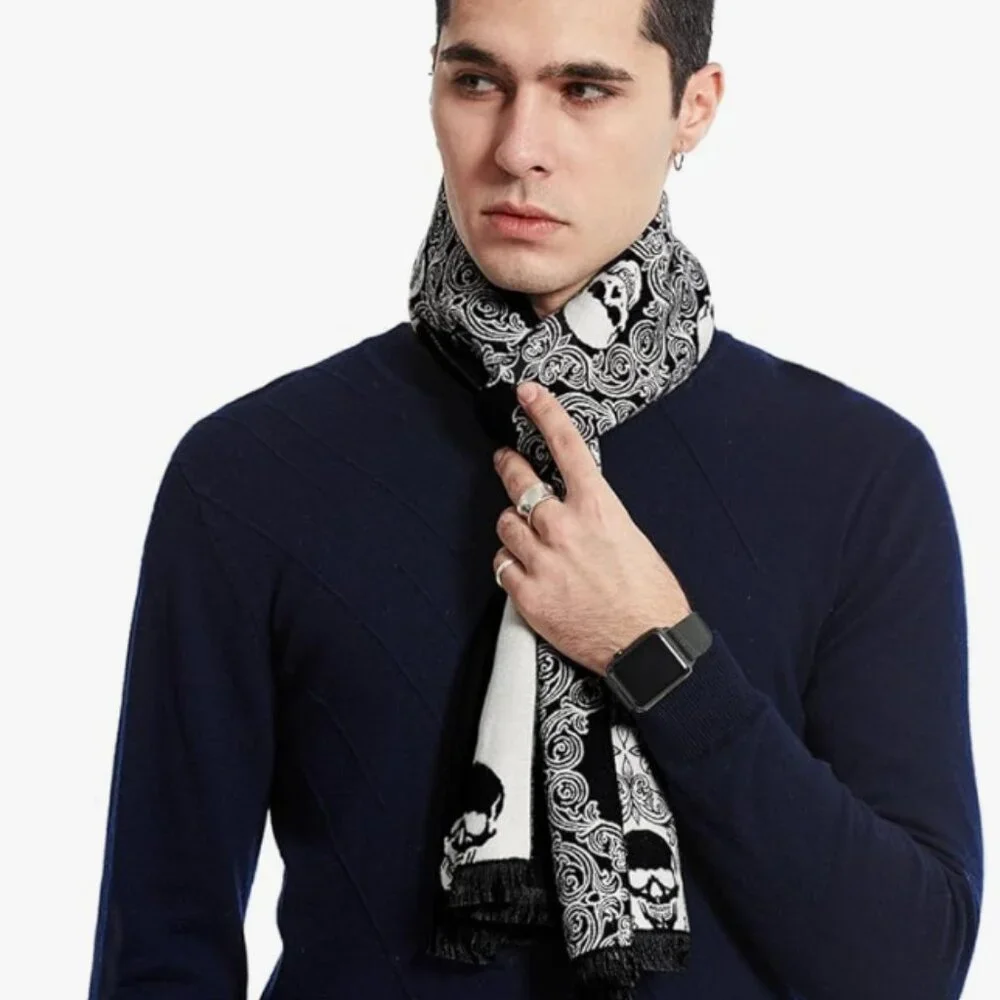 Skull Print Scarf – Soft Long Shawl with Tassels, Elegant Fall Accessory